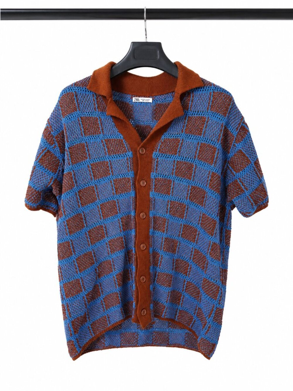 ZARA Brown and Blue Crochet Button Down Short Sleeve Knit Shirt Medium